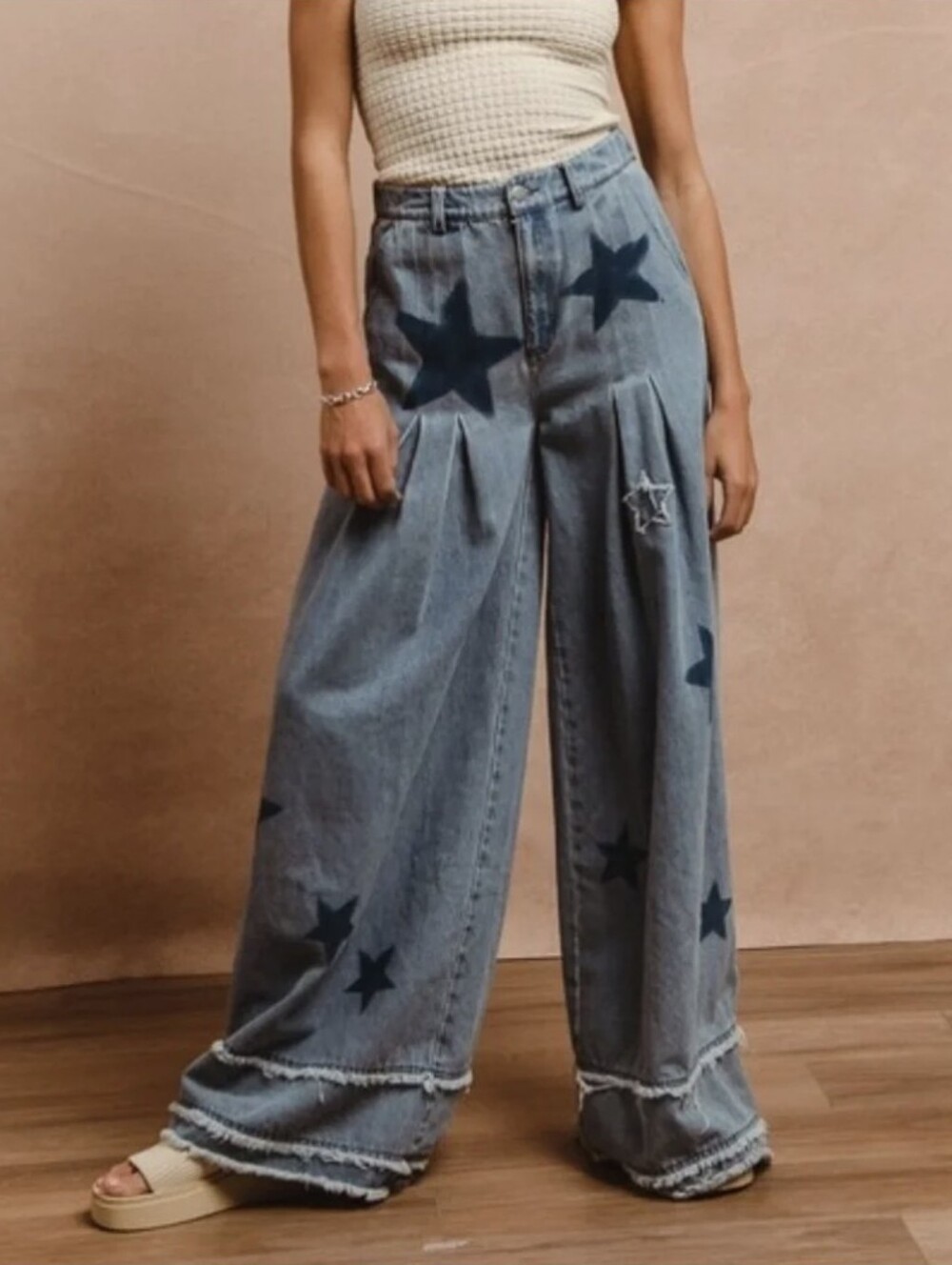 BiBi Mineral Wash Blue Denim Wide Leg Pants with Dark Blue Star Patches Boho XL